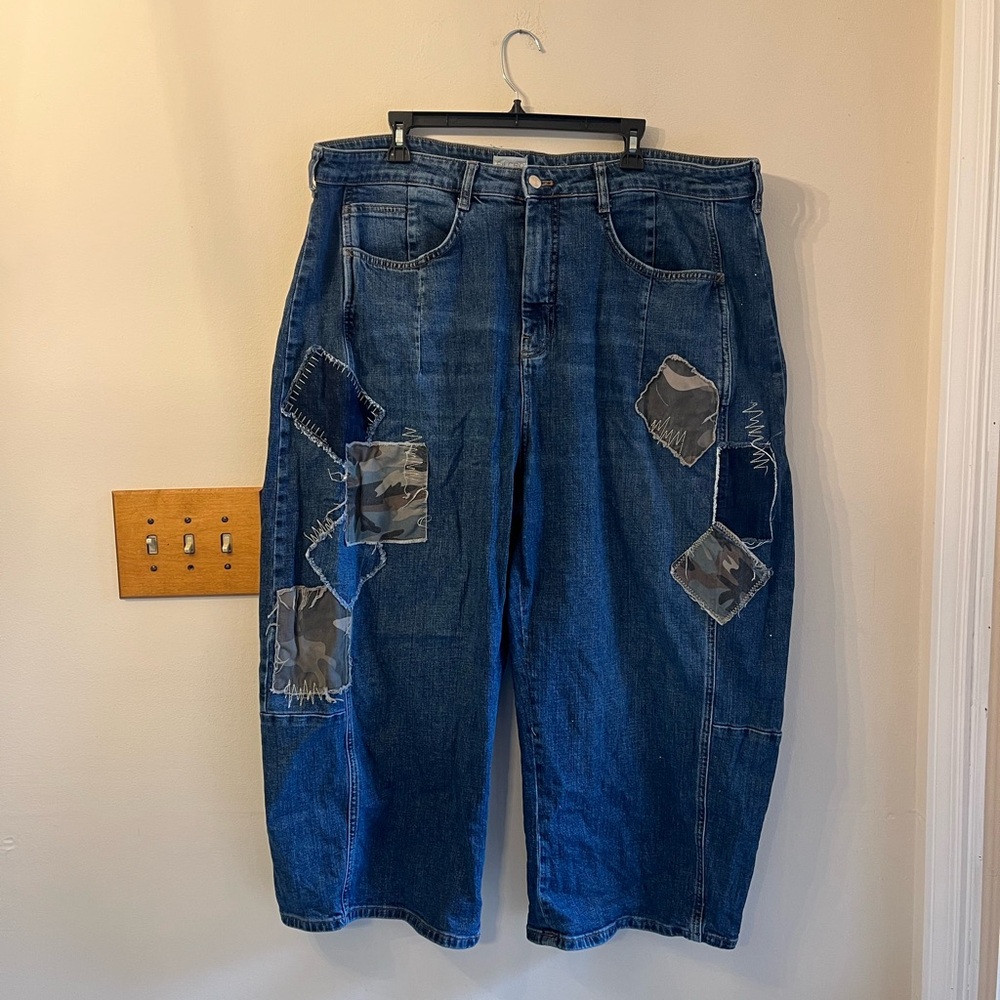 Pilcro Blue barrel Jeans with Artistic Patchwork